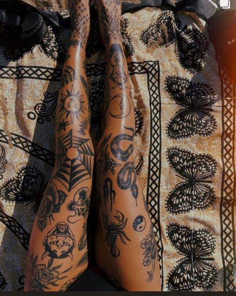 High Leg Tattoo Women, While Leg Tattoos, Woman’s Leg Tattoo Ideas, Traditional Style Leg Sleeve, Women Leg Tattoo Traditional, Lady Leg Tattoo, Patchwork Tattoo For Women Ideas, Sticker Tattoo Leg Sleeve, Leg Sleeves Patchwork