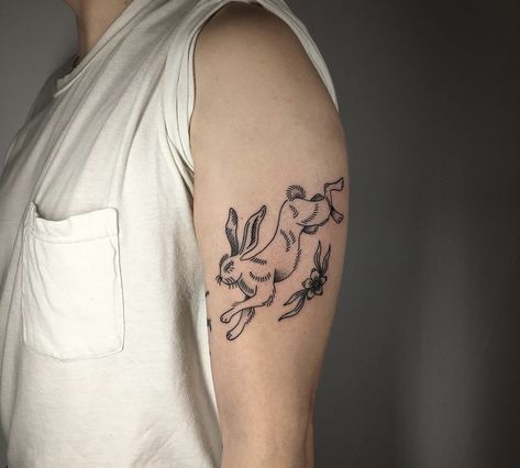 Lucky Rabbit Tattoo, Run Rabbit Run Tattoo, American Traditional Rabbit, Traditional Rabbit Tattoo Design, Traditional Rabbit Tattoo, Masculine Rabbit Tattoo, Line Work Bunny Tattoo, Medieval Rabbit Tattoo, Traditional Tattoo Rabbit