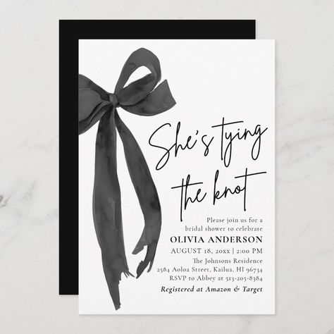 The "Black Bow She's Tying the Knot Bridal Shower Invitation" exudes elegance and sophistication, setting the perfect tone for a memorable celebration. Featuring a sleek black bow design, this invitation beautifully symbolizes the bride-to-be tying the knot. The minimalist yet stylish design captures attention and conveys a sense of excitement for the upcoming event. With its chic appearance, this invitation is sure to impress guests and leave a lasting impression. It's the ideal choice for honoring the bride as she embarks on this special journey towards marriage. She Tying The Knot Bridal Shower Theme, Wedding Shower Black And White, Tied The Knot Bridal Shower Theme, Black Bow Bridal Shower Theme, Bow Themed Wedding, Bridal Shower Bows, Bow Theme Bridal Shower Ideas, Bridal Shower Details, She’s Tying The Knot Bridal Shower Invites