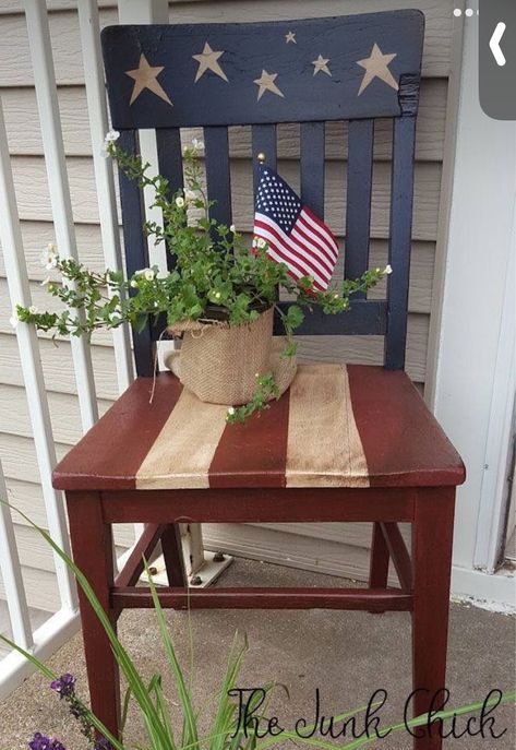 Flag Door Decoration, Fourth Of July Porch Decorating Ideas, Dollar Tree Wooden Cutouts, Summer Wood Projects, Painted Chairs Ideas, 4th Of July Diy Decor, Flag Display Ideas, Porch Sitters, Painted Wooden Chairs