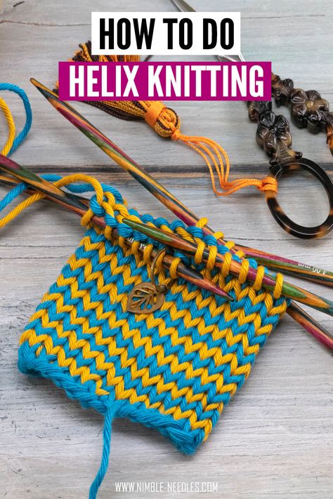 A step-by-step tutorial on how to do helix knitting. a unique and easy technique to knit perfectly jogless stripes in the round Helix Knitting, Mosaic Knitting, Knitting Hacks, Circular Knitting Needles, Bind Off, Knit In The Round, Basic Concepts, Circular Knitting, Striped Socks