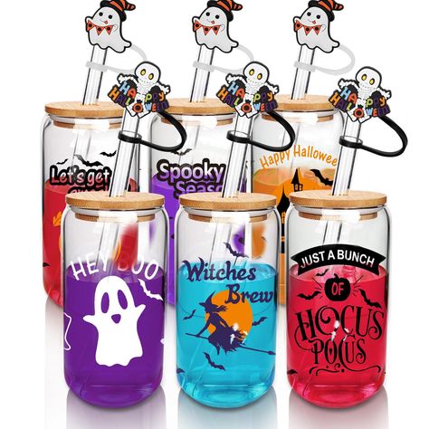 PRICES MAY VARY. HALLOWEEN DECOR: 6 High Borosilicate glass cups with unique Halloween design + 6 glass straw + 1 straw brush set. Elevate your Halloween spirit! Our ghost-patterned glasses are the festive centerpiece every gathering deserves. HALLOWEEN MUG DESIGN: Crafted with precision, our mugs not only ensure durability but exude elegance, making every sip a luxurious experience. We have designed various cute patterns, including ghost, hocus pocus, witch brew, jack o lantern pumpkin, spooky Ghost Cups, Hocus Pocus Tumbler, Halloween Cookie Jar, Witch Brew, Boo Baskets, Halloween Kitchen Decor, Pony Wallpaper, Pumpkin Spooky, Tumbler Halloween