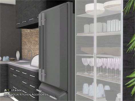 ArtVitalex's Magnolia Kitchen Accessories Sims 4 Pantry Shelf Cc, Sims 4 Cc Cabinets Kitchen, Sims 4 Cc Functional Kitchen Appliances, Magnolia Kitchen, Pantry Decor, Ts4 Mods, Sims 4 Kitchen, Sims 3 Mods, Cc Furniture