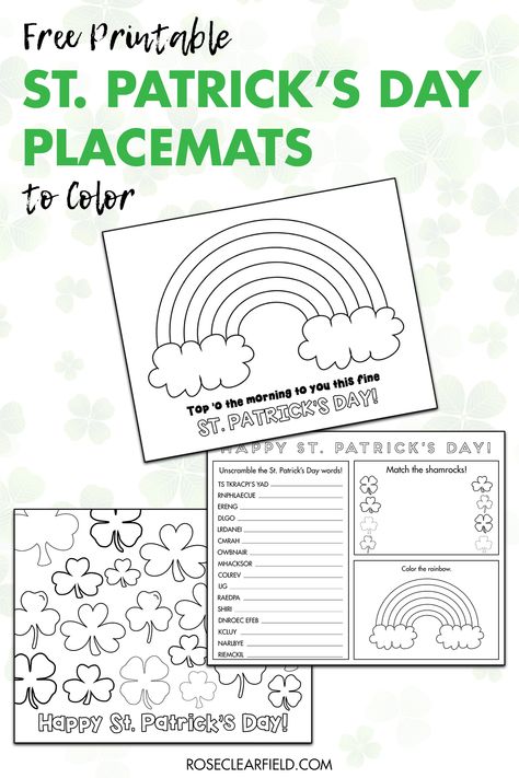 A collection of 10 FREE printable St. Patrick's Day placemats to color! Includes two game placemats. Great for classroom parties, family dinners, and neighborhood gatherings. #StPatricksDay #freeprintables #printableplacemats #coloringpages Placemats Printable, St Patricks Printables, St Patrick's Day Printables, Irish Dinner, Printable Placemat, Bratz Coloring, St Patricks Day Quotes, March Crafts, Easter Coloring Book