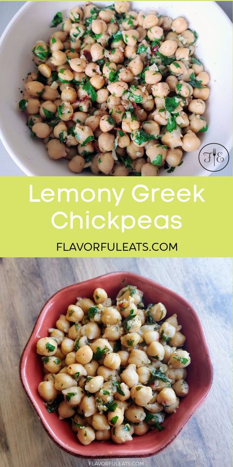 Lemony Greek Chickpeas – Garlicky, lemony, and full of bright, fresh, Greek flavors, these chickpeas make an easy, healthy side dish in only 10 minutes! Chickpeas Side Dish, Greek Chickpeas With Parsley And Cumin, Greek Garbanzo Beans, Trader Joe’s Greek Chickpeas Recipe, Trader Joes Greek Chickpeas Recipe, Chickpea Side Dish, Greek Peas, Mediterranean Vegan, Seasoned Chickpeas