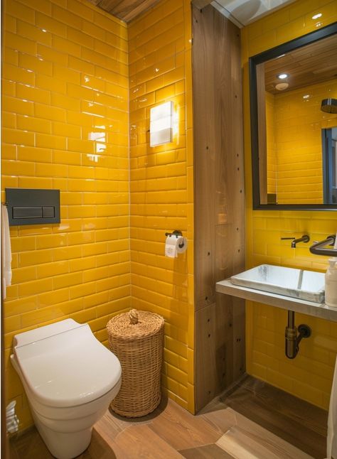 Yellow Tile Bathroom, Bathroom Yellow, Best Color Combinations, Yellow Tiles, Colorful Bathroom, Yellow Tile, Ideal Bathrooms, Good Color Combinations, Living Room Loft