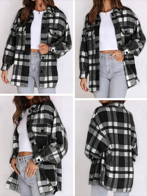 This womens shacket jacket flannel fabric is soft, wear-resistant, and has good warmth retention. Soft to the touch and incredibly comfortable to wear! Look no further for a nice and casual autumn/winter style! Fall Wardrobe Essentials, Plaid Shacket, Flannel Women, Flannel Jacket, Oversized Blouse, Jacket Long, Casual Chic Outfit, Fall Street Style, Plaid Jacket