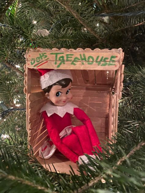 Elf On The Shelf Popsicle Stick House, Elf On The Shelf Popsicle Sticks, Elf Tree House, Shelf Tree, Popsicle Stick Houses, Elf Shelf, Elf Tree, Elf On A Shelf, Awesome Elf On The Shelf Ideas