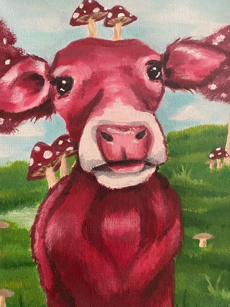 Mushroom Cow Painting, Strawberry Cow Painting, Minecraft Cow, Cute Minecraft, Kitchen Decorations, Hippie Painting, Cow Canvas, Cow Painting, Horse Drawings