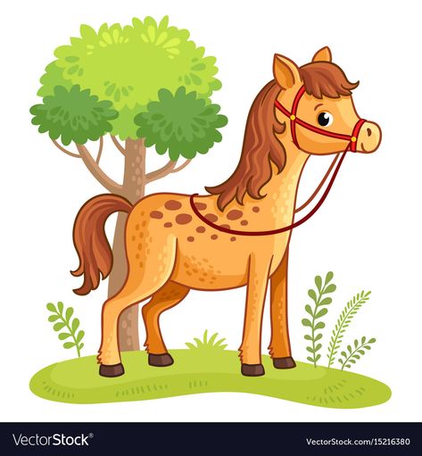 Tree Vector Illustration, Horse Standing, Cartoon Horse, Horse Cartoon, Jungle Theme Birthday, Tree Vector, Horse Illustration, Horse Drawing, Animal Cookies