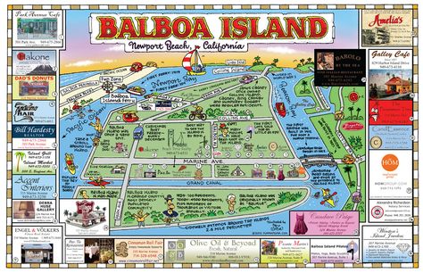 Balboa Island is Orange County, California's most densely-populated community. Description from funmapsusa.net. I searched for this on bing.com/images Balboa Beach, Balboa Island, Newport Beach California, California Vacation, Island Map, California Travel Road Trips, Island Getaway, California Dreamin', California Beach