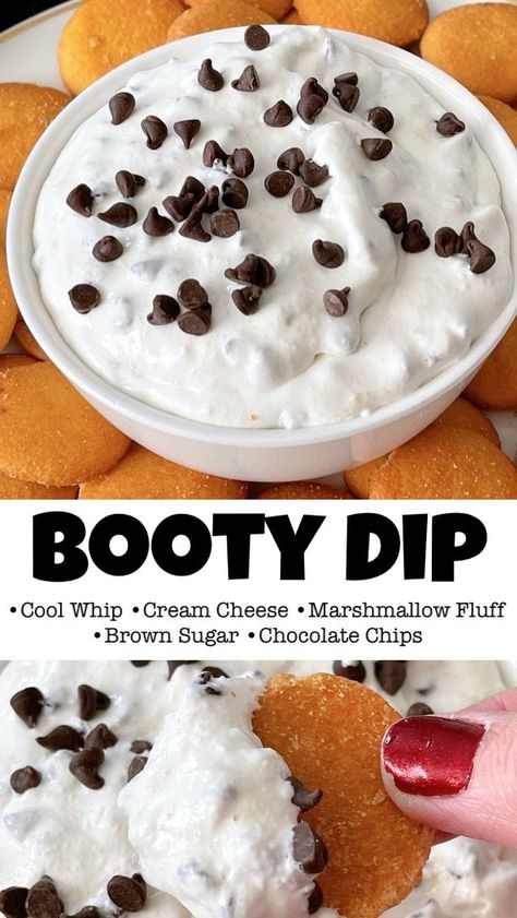 The viral TikTok Booty Dip recipe has taken social media by storm with its simplicity and deliciousness. Made with just 5 ingredients, including cream cheese, marshmallow fluff, whipped topping, brown sugar, and chocolate chips, this creamy and sweet dip is the perfect dessert or appetizer for any gathering. Snicker Dip Recipe, Dunkaroo Dip Recipe Cream Cheese, Cream Cheese And Chocolate Chip Dip, Easy Dessert Dips For A Party, Kid Friendly Dips Appetizers, Gluten Free Dessert Dip, Easy Dessert Dips 3 Ingredients, Marshmallow Fluff Desserts, Sweet Dips For Parties