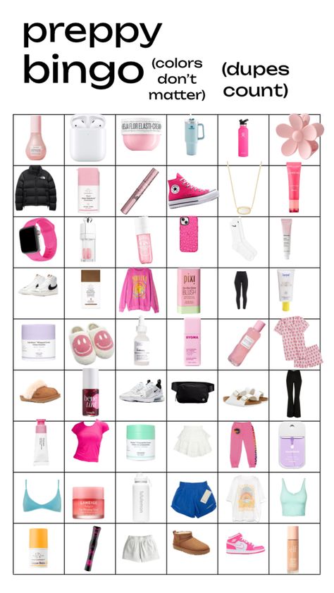 Preppy Stores, Preppy Bingo, Shuffles Preppy, Bingo Template, Sports Movies, Preppy Inspiration, Month Workout, Beauty Vibes, Preppy Vintage