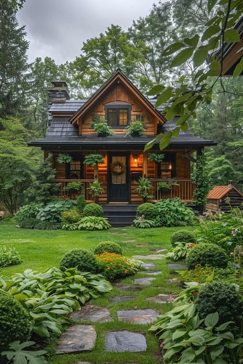 Tiny House Time Rustic Tiny House Exterior, Tiny House Forest, Tiny House In The Woods, Tiny House Mountains, Aesthetic Tiny House Exterior, Tiny Cottage Homes, Tiny House Stone Cottage, Small Mountain Homes, Tiny Woodland Cottage