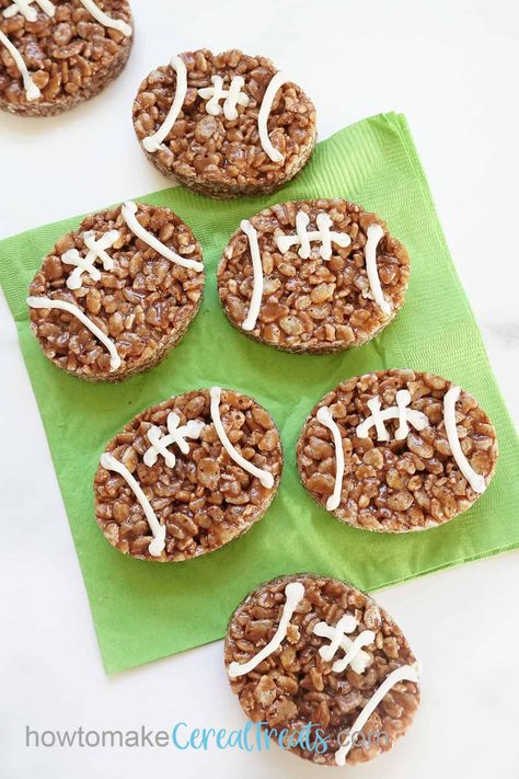 FOOTBALL RICE KRISPIE TREATS --the BEST, rich, double chocolate Rice Krispie Treats turned into footballs for Game Day. Chocolate Cereal Treats, Best Rice Krispie Treats Recipe, Football Themed Food, Cereal Treat Recipes, Oreo Rice Krispie Treats, Tailgate Desserts, Scotcheroos Recipe, Oreo Rice, Chocolate Rice Krispie Treats