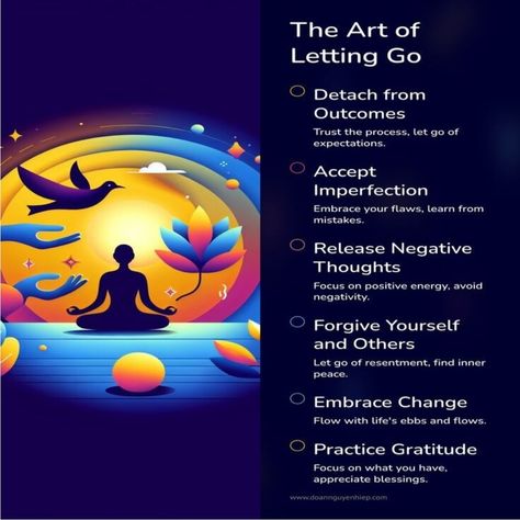 The Art of Letting Go Detach from Outcomes Trust the process, let go of expectations. Accept Imperfection Embrace your flaws, learn from mistakes. Release Negative Thoughts Focus on positive energy, avoid negativity. Forgive Yourself and Others Let go of resentment, find inner peace. Embrace Change Flow with life's ebbs and flows. Practice Gratitude Focus on what you have, appreciate blessings. Let Go Of Resentment, Let Go Of Expectations, Avoid Negativity, Embrace Your Flaws, Learn From Mistakes, The Art Of Letting Go, Art Of Letting Go, Forgive Yourself, Find Inner Peace