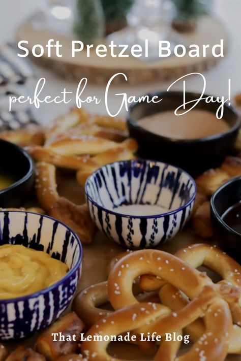 Try this easy to set up pretzel board for your next game day or gathering! Super easy to set up and customize to your taste and size you need. Pre-made pretzels warmed, and served with various dipping ideas! Soft Pretzel Charcuterie Board Ideas, Pretzel Topping Ideas, Soft Pretzel Charcuterie Board, Pretzel Board Ideas, Soft Pretzel Board, Pretzel Charcuterie Board Ideas, Pretzel Platter, Dip For Soft Pretzels, Soft Pretzel Bar