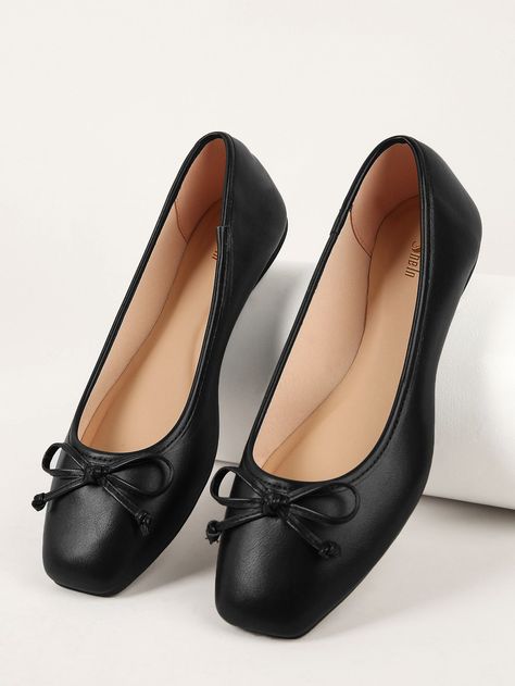 Black Fashionable Collar   Plain Ballet Embellished   Women Shoes Pump Shoes Flat, Black Ballerina Flats, Heel Sandals Outfit, Shoes For School, Womens Black Flats, Black Flats Shoes, Black Dress Shoes, Women Flats, Black Ballet Flats