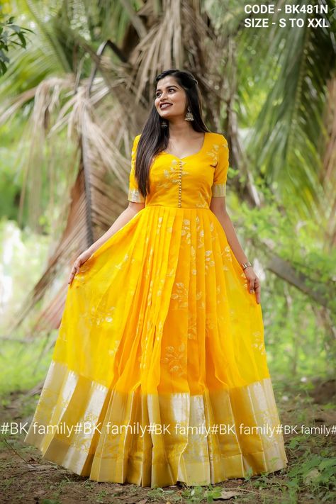 Pattu Long Gowns For Women, Organza Dress For Haldi, Long Frock Models Traditional, Saree To Gown Ideas, Pattu Frock Designs For Women, Saree Into Frock Designs, Pattu Saree Frocks Designs, Latest Long Frock Designs For Women, Long Frocks Pattu