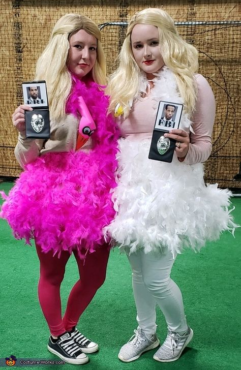 Payton: My friend KP and I got the idea from the movie white chicks. We bought boas with feathers and sewed them onto tutus. We bought wigs and drew on brownish... White Chicks Diy Costume, White Chicks Movie Outfits, White Chicks Couple Costume, White Chicks Outfits Movie, White Chicks Halloween, White Chicks Halloween Costume, Disfrases Caseros Mujer Ideas, Pink Wig Costume Ideas Halloween, White Chicks Outfit