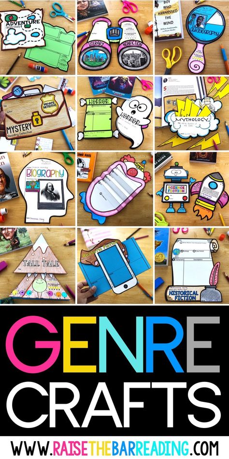 Teaching blog post on using genre crafts to teach genres in the upper elementary classroom Teaching Genre, Raise The Bar Reading, Setting Up A Classroom, Genre Activities, School Library Lessons, Elementary Librarian, Story Maps, Reading Genres, Library Lesson Plans