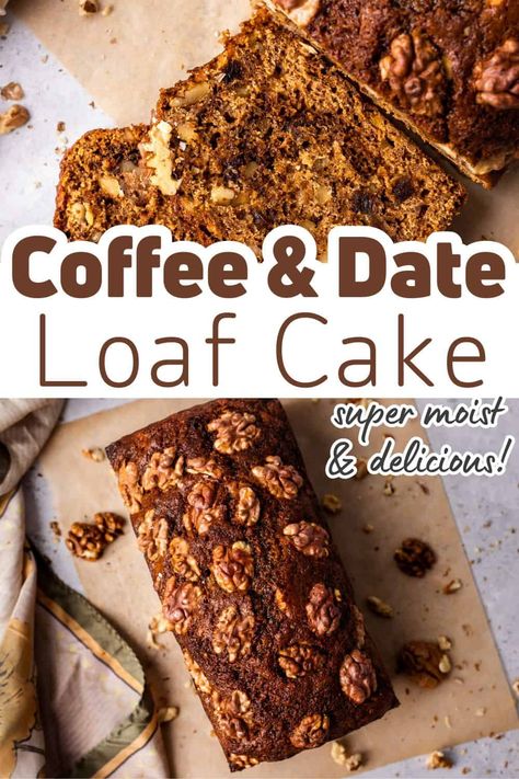 This coffee date loaf recipe is super easy to make at home and tastes so delicious! With soft date pieces soaked in coffee and crunchy walnuts, this date loaf with coffee is an easy loaf cake recipe to make and share with friends | Coffee cake recipes Date Loaf Recipe, Coffee Loaf Cake, Healthy Coffee Smoothie Recipes, Easy Loaf Cake, Coffee Loaf, Walnut Loaf Cake, Easy Coffee Drinks Recipes, Date And Walnut Loaf, Coffee Cake Loaf