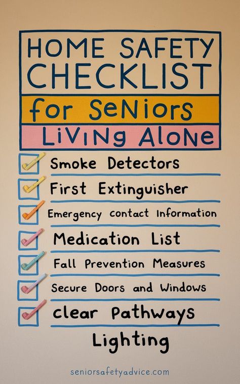 Ensure the safety and well-being of your loved ones with this comprehensive Home Safety Checklist for Seniors Living Alone. Designed specifically for older adults, this actionable guide covers every aspect of home safety, from fall prevention to fire hazards. Don't miss out on these life-saving tips! #homemadesafety #seniorsafety #elderlycare #livingalone #homesecurity Safety Tips For Women, Home Safety Checklist, Living Independently, Home Safety Tips, Medication List, Safety Checklist, Family Caregiver, Managing Finances, Aging In Place