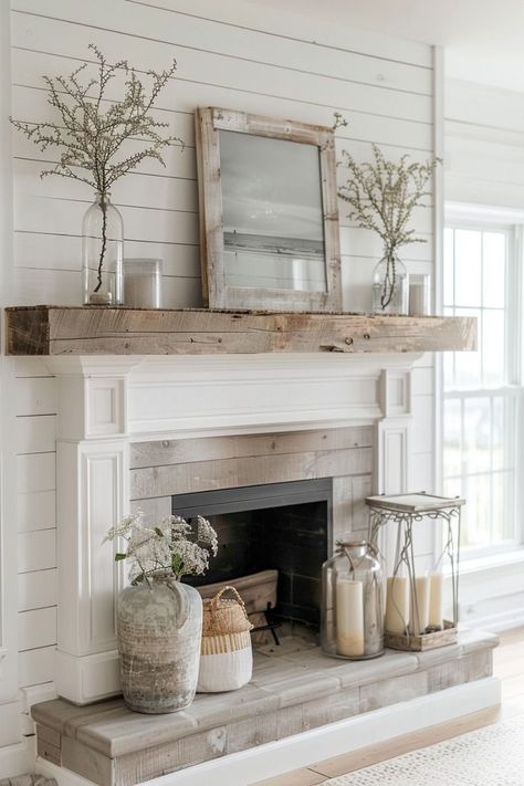 Farmhouse Fireplace Decor, Fireplace Redo, Brick Fireplace Makeover, Fireplace Mantle Decor, Fireplace Built Ins, Farmhouse Decor Ideas, Farmhouse Fireplace, Faux Fireplace, Fireplace Remodel