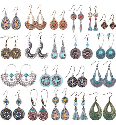 20 pairs of colorful bohemian Hippie style earring Mode Hippie, Dangle Earrings Boho, Bohemian Handmade, Boho Jewellery, Bohemian Earrings, Drop Dangle Earrings, Classic Jewelry, Fashion Jewelry Earrings, Boho Vintage