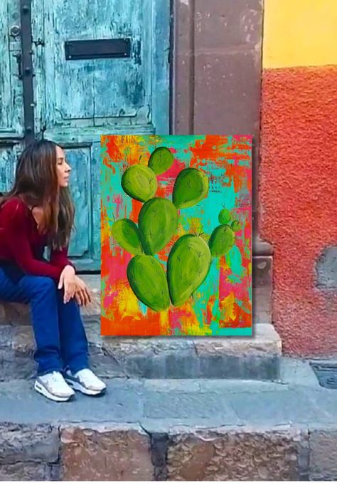 "Original Artwork, Acrylic on panel wood 60x80 cm Ready to ship / Ready to hang 🏜️ This original painting is simply the magic found in every sunset in Mexico. 🏜️ \"Mexican sunset\" is inspired by the beauty of a sun setting over the landscape. Cactus silhouettes and larger prickly pears are the sight of a road trip on a sunset, adding a splash of vibrant colors with an abstract background. 🏜️ To ensuring that your order arrives safely and securely, for all our international shipments, we entr Mexican Landscape Painting, Mexican Nature, Southwest Art Paintings, Mexican Sunset, Cactus Flower Painting, Mexico Painting, Cactus Aesthetic, Landscape Cactus, Cactus Silhouette