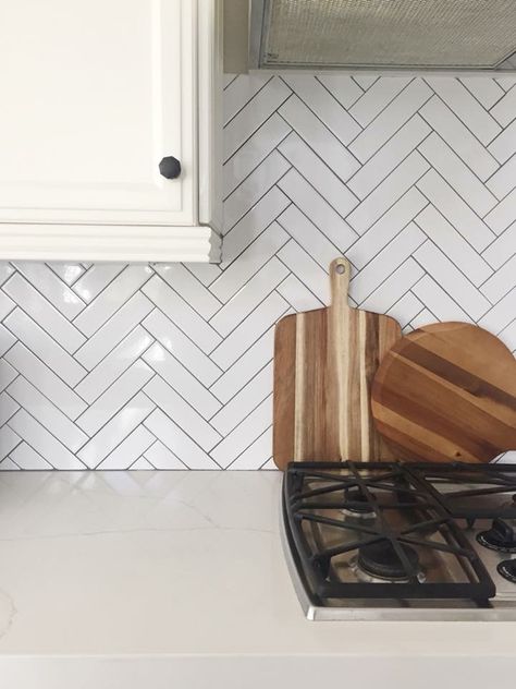 Slanted subway tile for kitchen White Herringbone Backsplash Grey Grout, White Herringbone Backsplash Kitchen, Grey Herringbone Backsplash, White Kitchen Tiles Grey Grout, Small Herringbone Backsplash, Herringbone Tile Kitchen, White Tiles Grey Grout, Herringbone Backsplash Kitchen, Herringbone Kitchen Backsplash