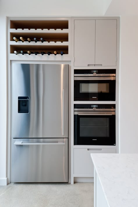 Free Standing Fridge Freezer In Kitchen, Modern Fridge Design, Built In Fridge Wall, Kitchen Fridge Design, Fridge With Cabinets Around It, Kitchen Design Refrigerator, Oven Next To Fridge, Enclosed Fridge, Fridge Freezer In Kitchen