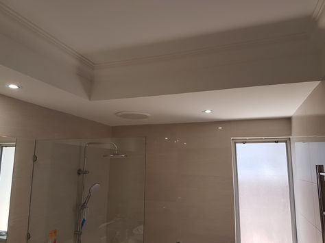 So pleased with this bulkhead ceiling. Compliments the bathroom renovation perfectly. www.authenticadditions.com.au for ceilings, cornices, walls and doors Bulkhead Ideas, Bulkhead Design, Soffit Ceiling, Bulkhead Bedroom, Stairs Bulkhead, Bulkhead Ceiling, Box Room Bedroom Ideas, Montgomery Homes, New Cabinet Doors