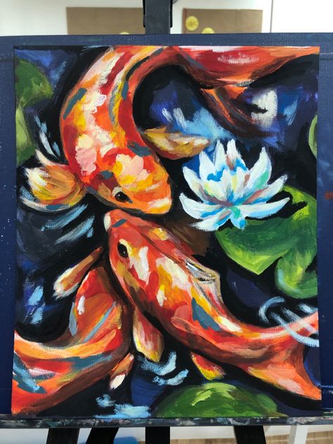 Aquatic Painting Ideas, Ghibli Style Painting, Koi Painting Acrylic, Painting Trends, Drawing Suggestions, Gauche Painting, Pencil Drawings For Beginners, Golden Fish, School Painting