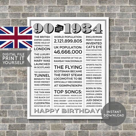 UK - 90th Birthday Poster, 1934 Poster, 1934 Birthday, Newspaper, 90 Years Ago, 90th Birthday Gift, Digital Printable File 21st Birthday Poster, 1954 Birthday, 60th Birthday Poster, 40th Birthday Poster, Birthday Newspaper, 60th Anniversary Gifts, Anniversary Poster, 30th Anniversary Gifts, 20th Anniversary Gifts