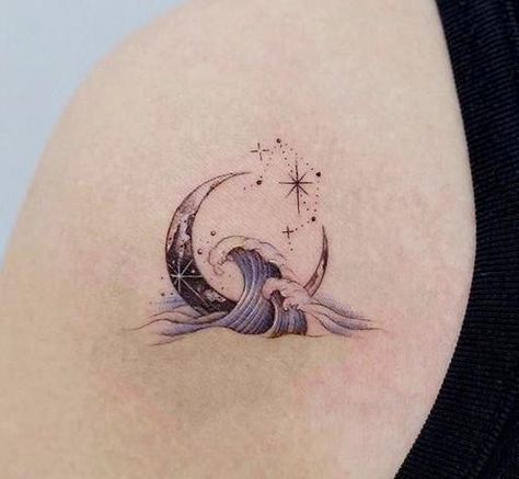 Beach Moon Tattoo, Moon And Beach Tattoo, Moon And Tides Tattoo, Witchy Ocean Tattoo, Moon And Tide Tattoo, Celestial Ocean Tattoo, Sun Moon Sea Tattoo, Ocean And Sky Tattoo, Moon Over Ocean Tattoo