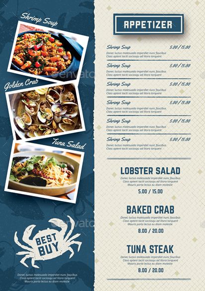 Seafood Restauran Menu Preview - GraphicRiver Lobster Salad, Seafood Menu, Crab Stuffed Shrimp, Shrimp Soup, Soup Appetizers, Shrimp Appetizers, Restaurant Poster, Tuna Steaks, Food Menu Design