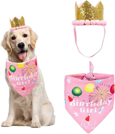 "✨Package Including: 1 pc dog scarf, 1 pc dog crown, Dress up your pet with this adorable dog birthday party outfit now! Let's take photo and record the beautiful moment. dog birthday bandana is made of soft and lightweight fabric, soft and comfortable to wear. size is 26\" x 17'' x 17'', fit for neck size less than 22 inches. ✨This dog birthday set is suitable for most breed of dog. Please measure your dog's neck girth, and leave room to tie out ✨Pink dog birthday crown is made of pressure-resi Dog Bday, Cat Party Decorations, Puppy Birthday Party, Crown Dress, Dog Birthday Hat, Puppy Birthday Parties, Dog Scarf, Puppy Birthday, Dog Birthday Party