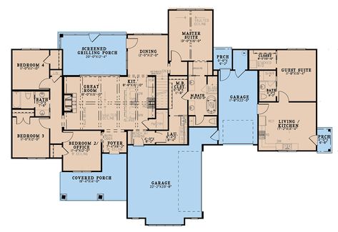 Farmhouse House Plan 82757 with 5 Beds, 3 Baths, 3 Car Garage Level One House Plan With Mother In Law Suite, Multi Generational House Plans In Laws, House With Inlaw Suite Floor Plans, Next Gen House Plans, House Plans With In Law Suite One Story, Multigenerational House Plans In Laws, Multi Generational House Plans, Next Gen Homes, Generational Living