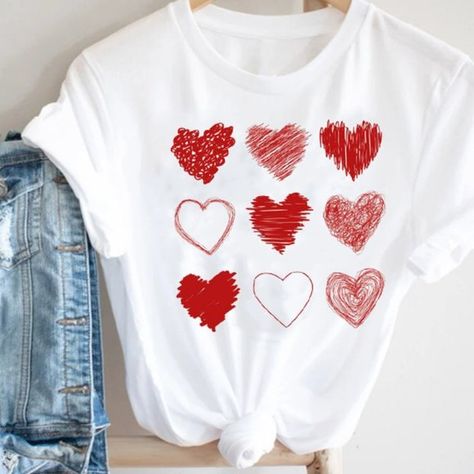 White Heart-shaped T-shirt For Spring, Casual Red T-shirt With Heart Graphic, White Short Sleeve T-shirt With Heart Print, Summer Heart Print T-shirt, Red Tops With Heart Graphic For Spring, White Heart Print T-shirt For Summer, Red Heart Graphic Top For Spring, Red Heart Print Casual Top, Casual Red Top With Heart Print