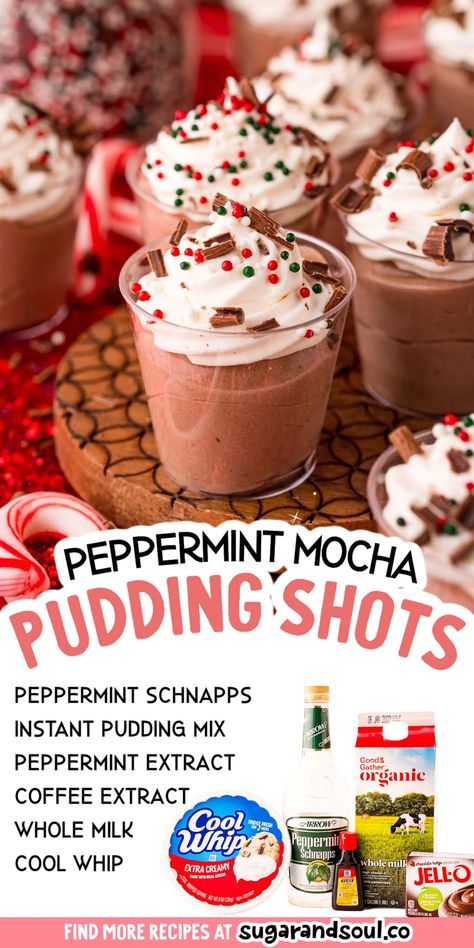 Peppermint Schnapps Pudding Shots, Peppermint Chocolate Pudding Shots, Peppermint Mocha Pudding Shots, Pudding Shots Alcoholic Christmas, Chocolate Peppermint Pudding Shots, Holiday Pudding Shots Christmas, Christmas Pudding Shots Alcoholic, Peppermint Pudding Shots, Pudding Shots Christmas