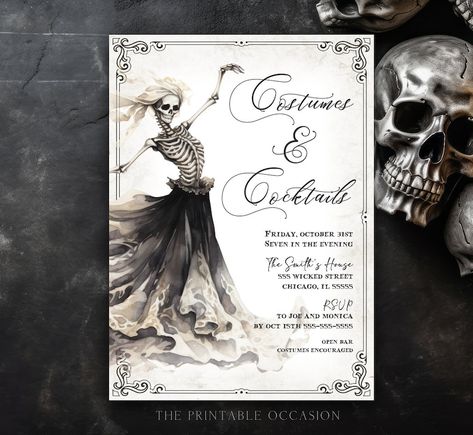 Skeleton Cocktails and Costumes Halloween Party Invitation, Gothic Halloween Cocktails Party Invitation, Halloween Costume Party Invite S1 - Etsy Halloween Birthday Party For Adults, Spooky Typography, Halloween Cocktail Party Invitations, Halloween Costume Party Invite, Costumes And Cocktails, Costume Party Invite, Skeleton Costumes, Halloween Cocktail Party, Halloween Costume Party Invitations