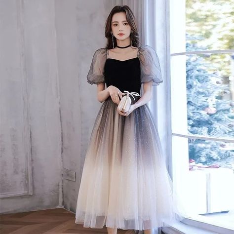 LEFFA - Puff Sleeve Square Neck Gradient Panel Velvet Mesh Midi A-Line Cocktail Dress | YesStyle Vintage Shift Dress, Chic Bridesmaid Dresses, Midi Party Dress, A Line Cocktail Dress, Prom Ball Gown, Black Prom Dress, Long Bodycon Dress, Short Prom Dress, Tulle Prom Dress