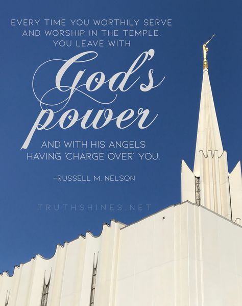 Satan certainly does not want you to understand that every time you worthily serve and worship in the temple, you leave armed with God’s power and with His angels having ‘charge over’ you. Russell M Nelson #presnelson #russellmnelson #generalconference #womensconference #churchofjesuschristoflatterdaysaints #thechurchofjesuschristoflatterdaysaints #lds #ldsconf #ldsquotes #power #priesthood #temple #ldstemples #angels #peace #protection #holiness Lds Temple Quotes Russell M Nelson, Lds Temple Quotes, Temple And Priesthood Preview, Temple Endowment, Temple Quotes Lds, Lds General Conference Activities, Priesthood Preview, Temple And Family History, Temple Quotes