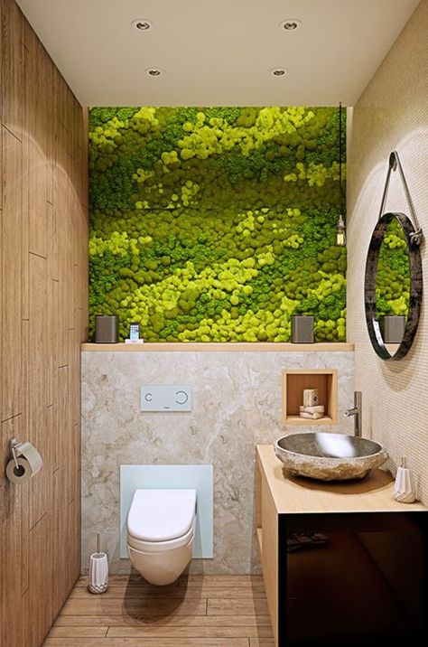 20 Fresh And Natural Moss Wall Art Decorations | Home Design And Interior Mos Wand, Remodeling Trends, Small Bathroom Remodel Designs, Moss Decor, Powder Room Design, Moss Wall Art, Small Toilet, Moss Wall, Bathroom Remodel Designs