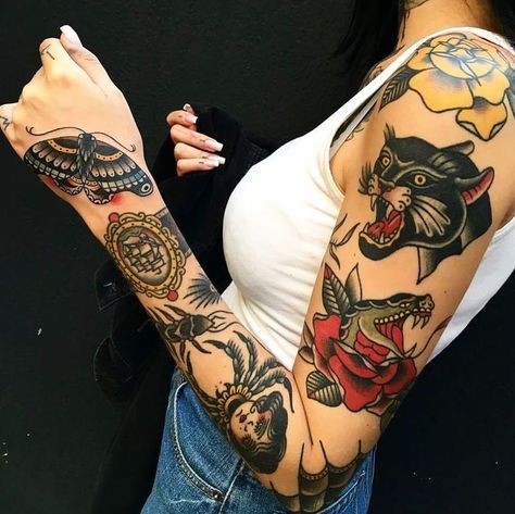 Old School Tattoo Sleeve, Many Tattoos, Vintage Tattoo Design, Maori Tattoos, Animals Tattoo, Traditional Style Tattoo, Tattoos Mandala, Traditional Tattoo Sleeve, Thai Tattoo