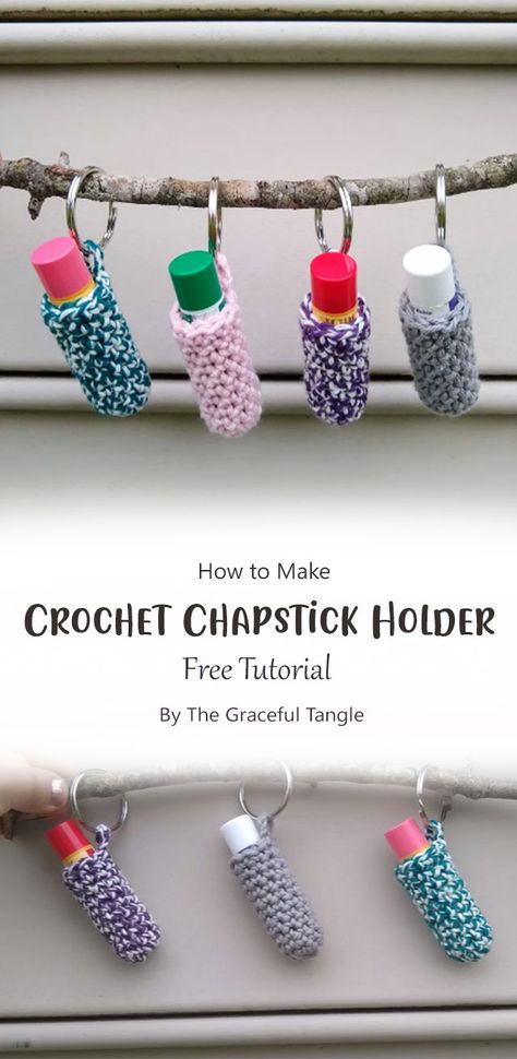 This is a simple keychain and chapstick holder that can be made with scrap yarn. It’s a great project for practicing your crochet skills and for using up all those little bits of yarn you have laying around. Crochet Keychain Lip Balm Holder, Crochet Pattern Chapstick Holder, Diy Crochet Chapstick Holder, How To Crochet A Chapstick Holder, Easy Crochet Chapstick Holder, Crocheted Chapstick Holder Patterns, Chapstick Keychain Holder Diy, Lip Balm Crochet Pattern Free, Crochet Easy Keychain Pattern