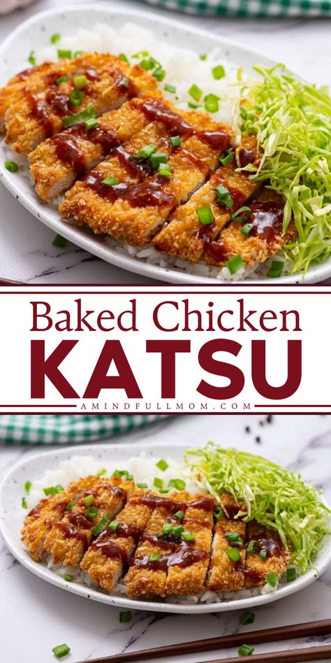 This recipe for Baked Chicken Katsu delivers the crispiest, juiciest chicken katsu without the grease! Made with panko coated chicken cutlets and served with a sweet and tangy Tonkatsu Sauce, this Chicken Katsu recipe delivers a flavorful dish with tons of texture and crunch! Easy Katsu Chicken, Healthy Chicken Katsu Recipe, Japanese Chicken Cutlet, Baked Katsu Chicken, How To Make Chicken Katsu, Katsu Chicken Bowl, Chicken Tonkatsu Recipe, Chicken Panko Recipes, Tonkatsu Chicken