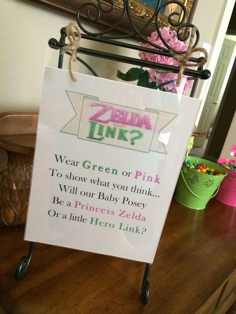 Wear green or pink  to show what YOU think. Will new baby Posey be our Princess Zelda or our little hero, Link? Nerdy Gender Reveal, Nerdy Baby Clothes, Zelda Baby, Zelda Party, Gamer Baby, Nerd Baby, Zelda Birthday, Nerdy Baby, Fun Baby Announcement