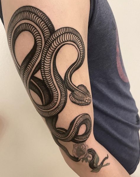 Los Angeles Tattoo, Woodcut Tattoo, Tattoo Snake, Engraving Tattoo, Snake Tattoo, Old Rose, August 21, Tattoo Inspo, Tattoos And Piercings